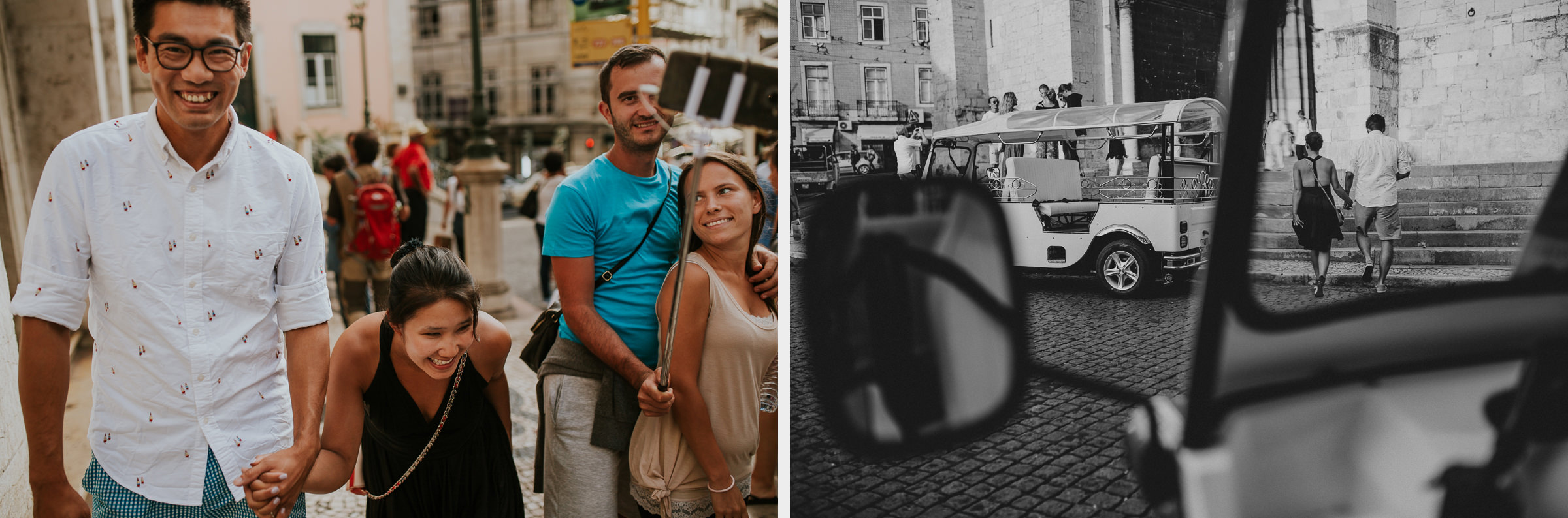 two photo montage of a happy asian couple in lisbon streets