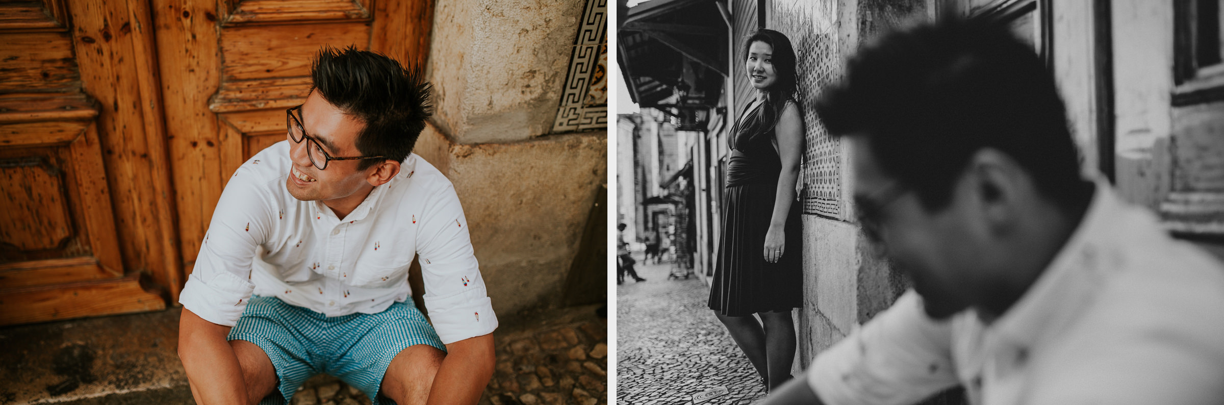 two photo montage of a asian couple in lisbon streets