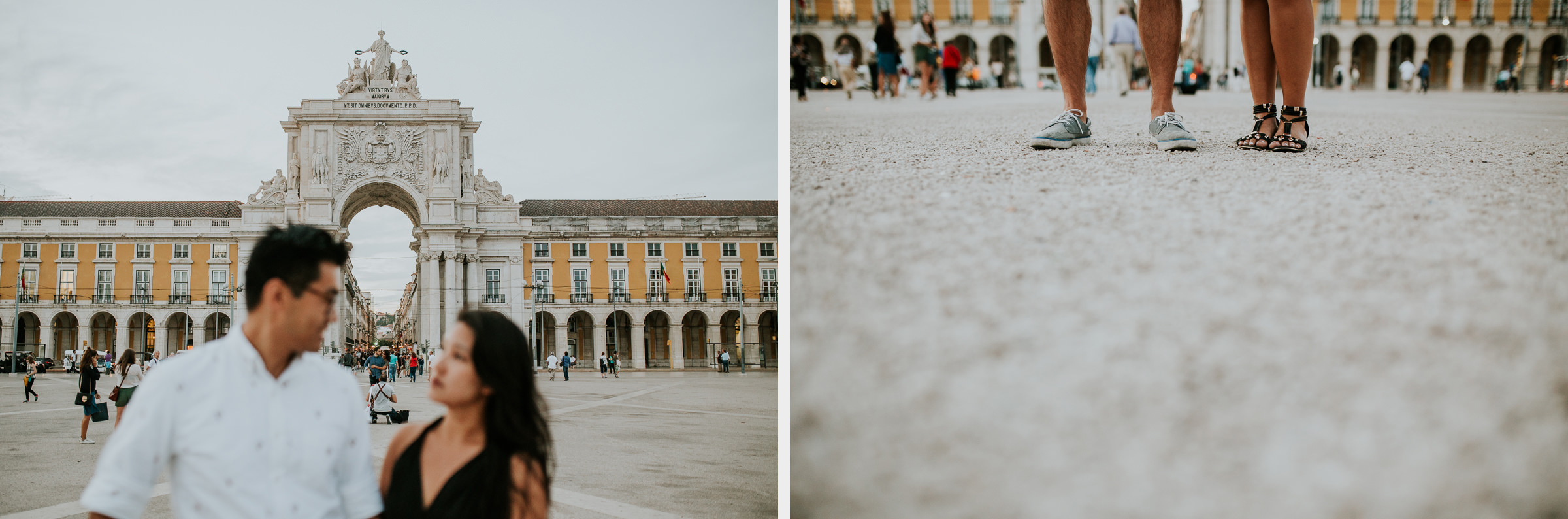 two photo montage of a asian couple in lisbon streets