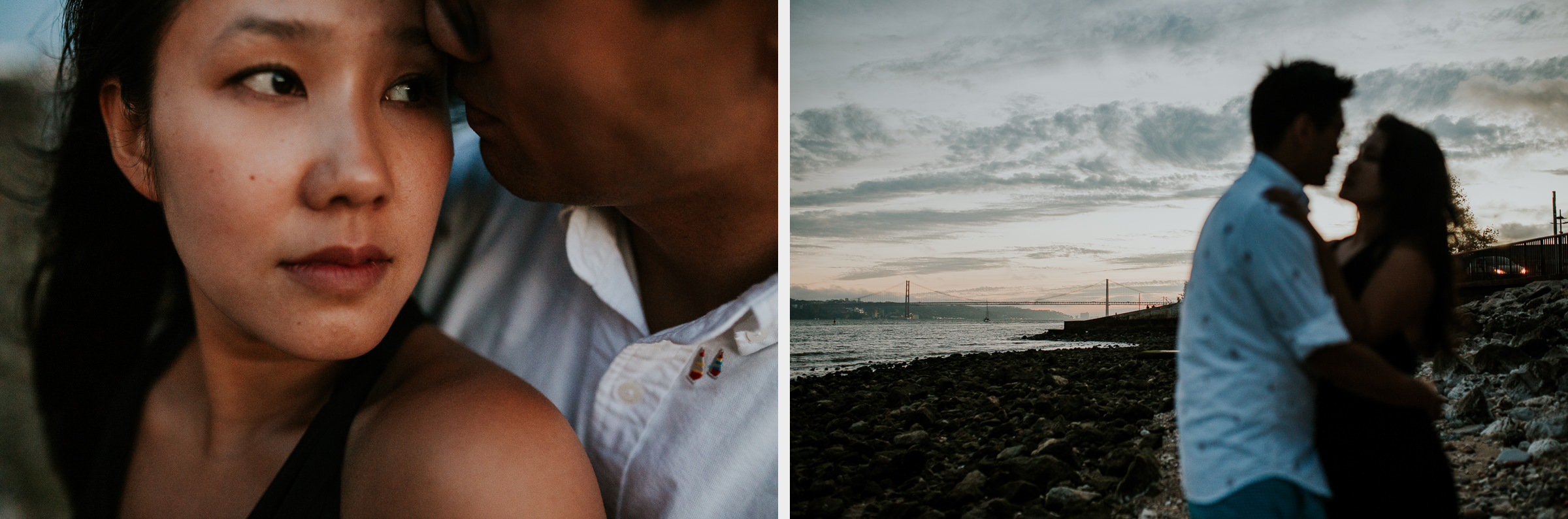 two photo montage of an asian couple embraced in love with lisbon bridge in the background