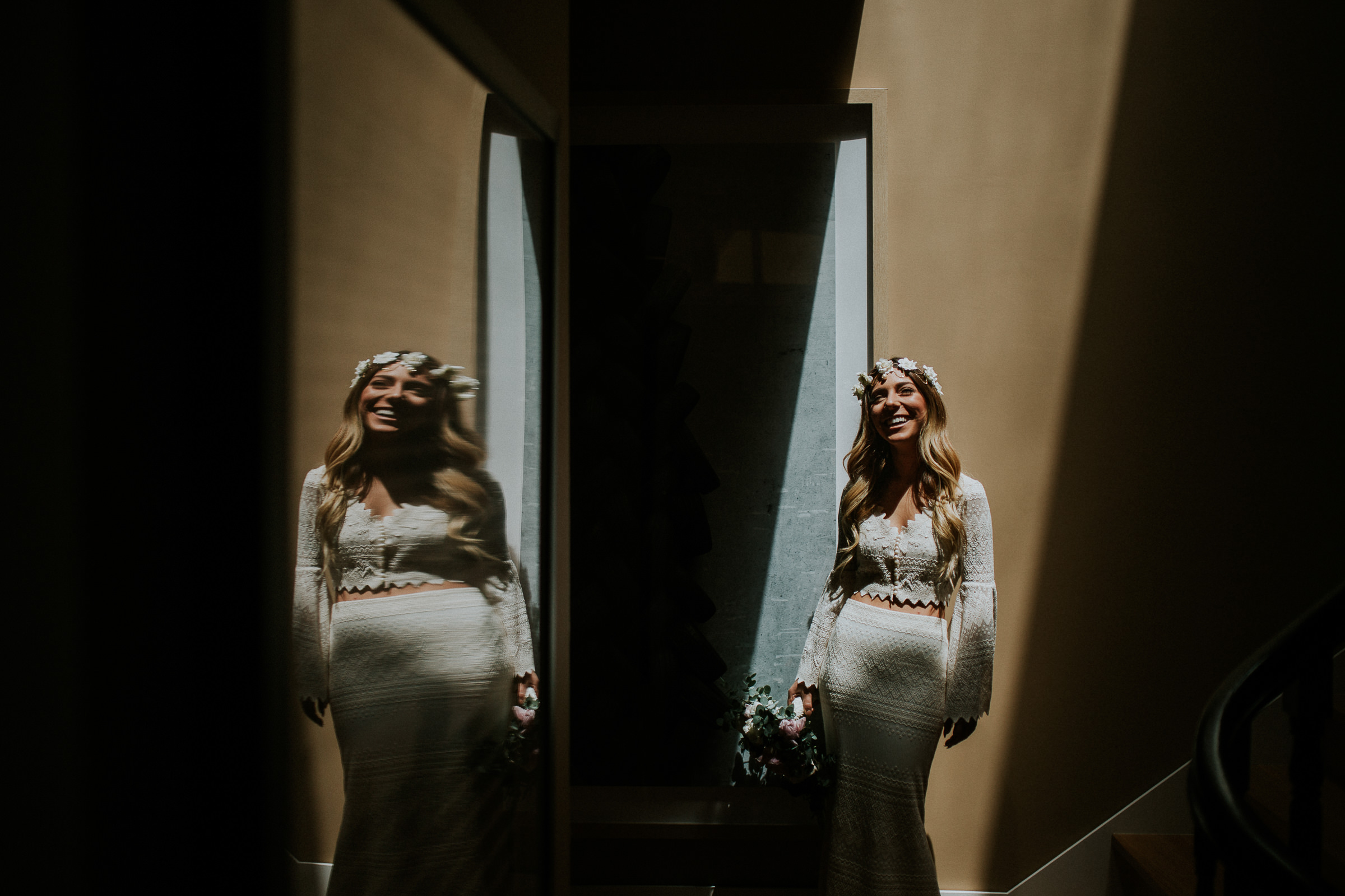 boho chic bride with mirror reflections