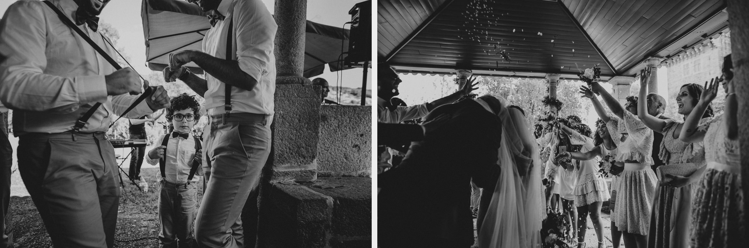 two photo black and white montage boho chic bride and groom smilling happy after the ceremony